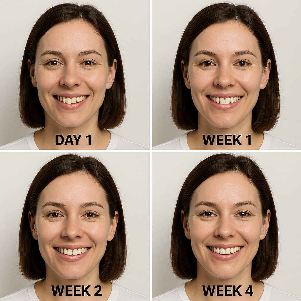 Four-panel progression showing gradual teeth whitening over 4 weeks
